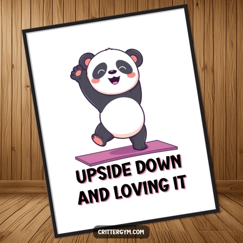 Funny panda bear balancing precariously in a handstand on a yoga mat, depicted in humorous wall art.