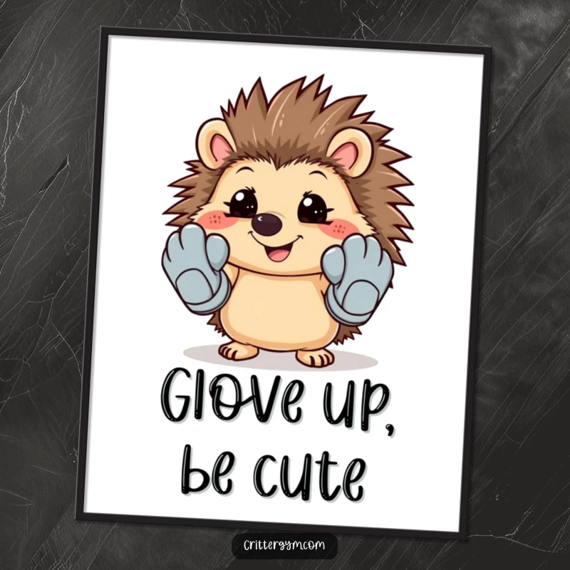 Funny graphic art of a smiling hedgehog attempting to wear huge cartoon workout gloves, perfect for wall decor.