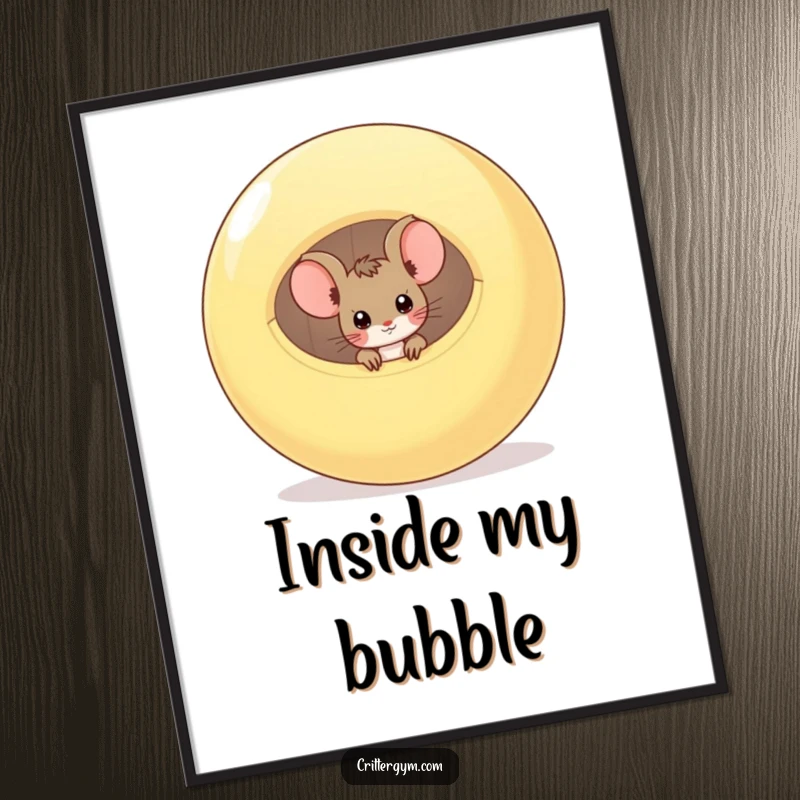 Funny poster of a curious mouse peeking from a deflated exercise ball, symbolizing playful exploration and fitness humor for decor.