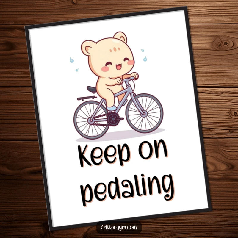 Funny Poster: A cute creature gleefully pedals a miniature stationary bike, with sweat flying, depicting humorous cycling effort.