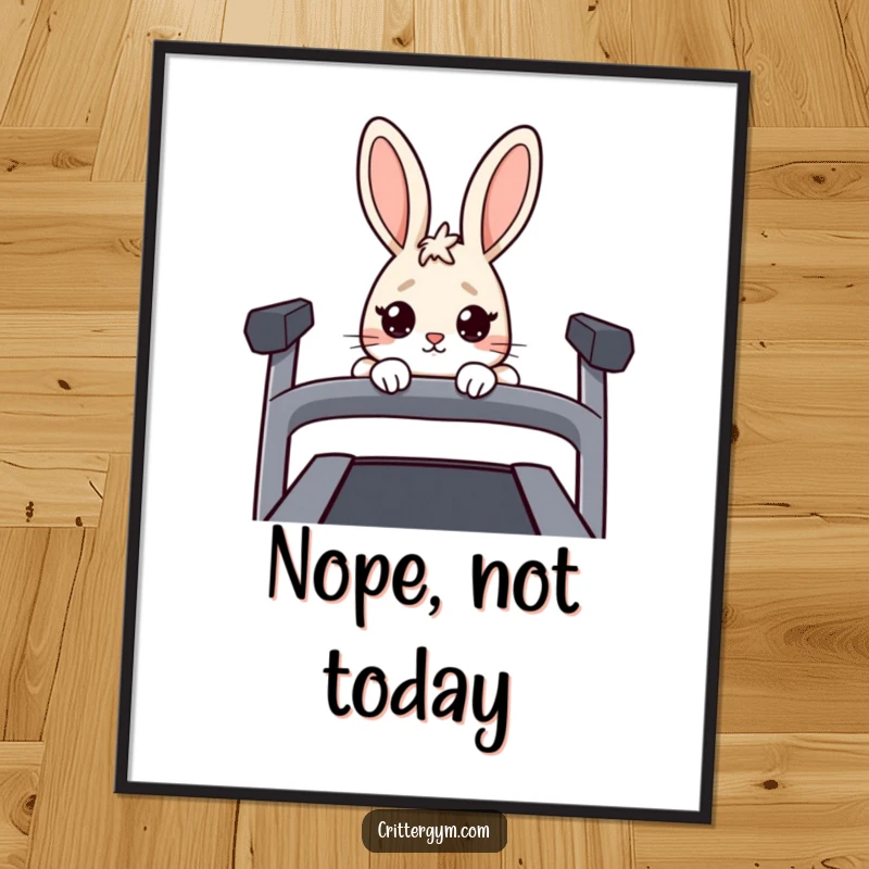 Funny Nervous Rabbit Poster: A nervous rabbit peeks wide-eyed over a treadmill, a funny piece of art for any room.