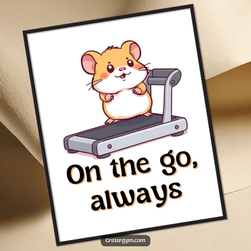 Funny and determined hamster enthusiastically stretching on a miniature treadmill, presented as motivational wall art.