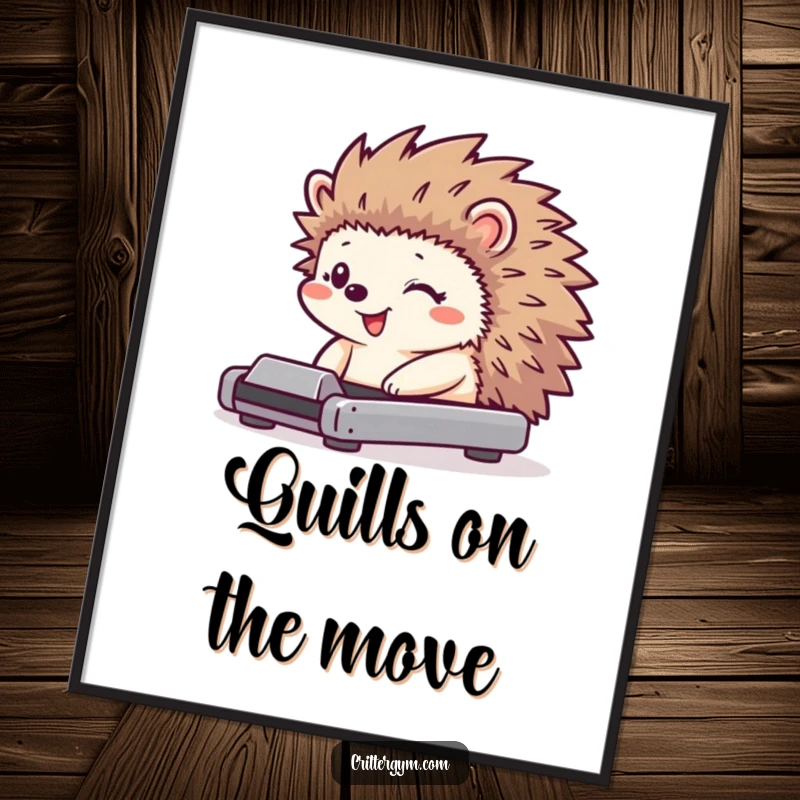 Funny hedgehog poster of a tiny character with a huge grin using a miniature treadmill, its quills jiggling dynamically.
