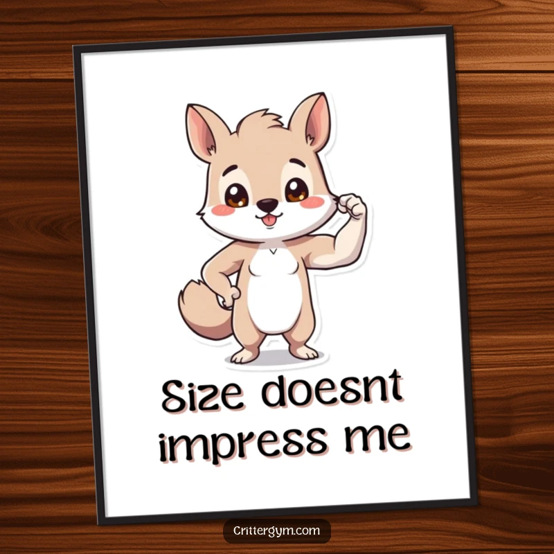 Funny tiny bicep animal poster showing a small creature proudly flexing a comically small bicep, radiating confidence and humor.