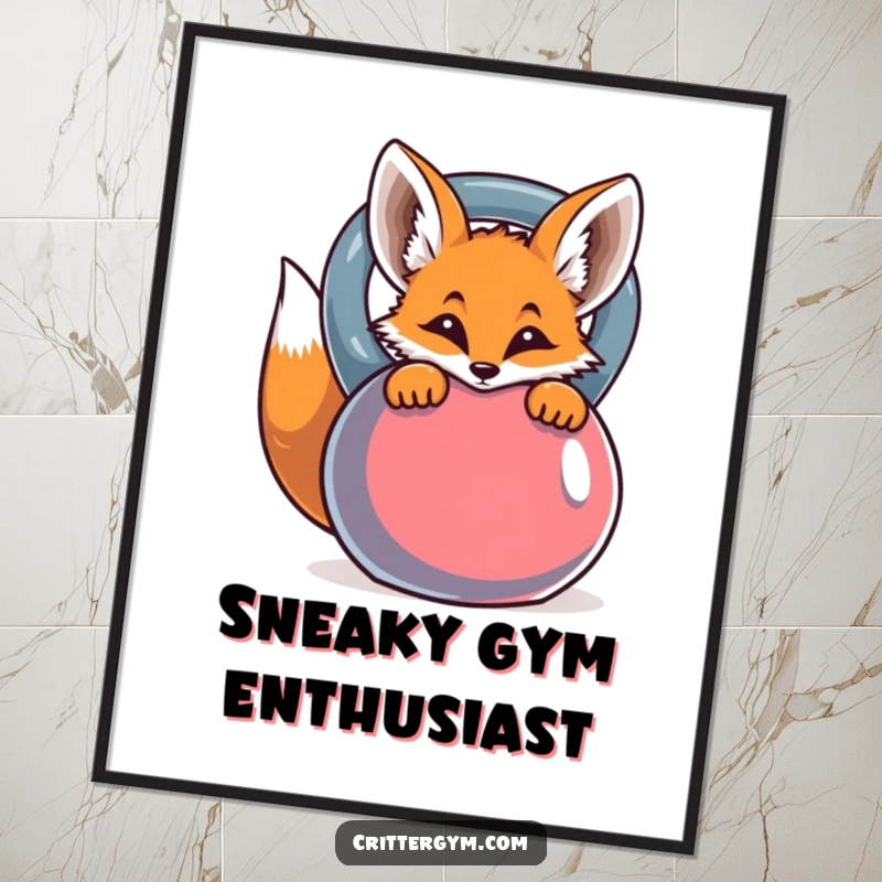 Funny graphic art of a curious fox peeking from behind a vibrant kettlebell, ideal for wall decor.
