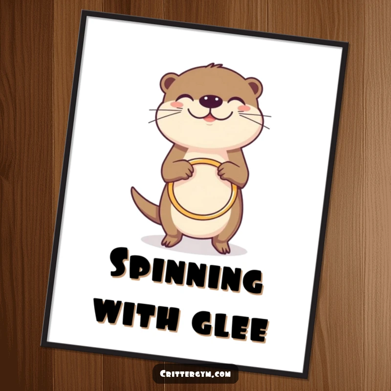 Funny grinning otter poster, joyfully spinning a tiny hula hoop, playful wall art, humorous funny gift.