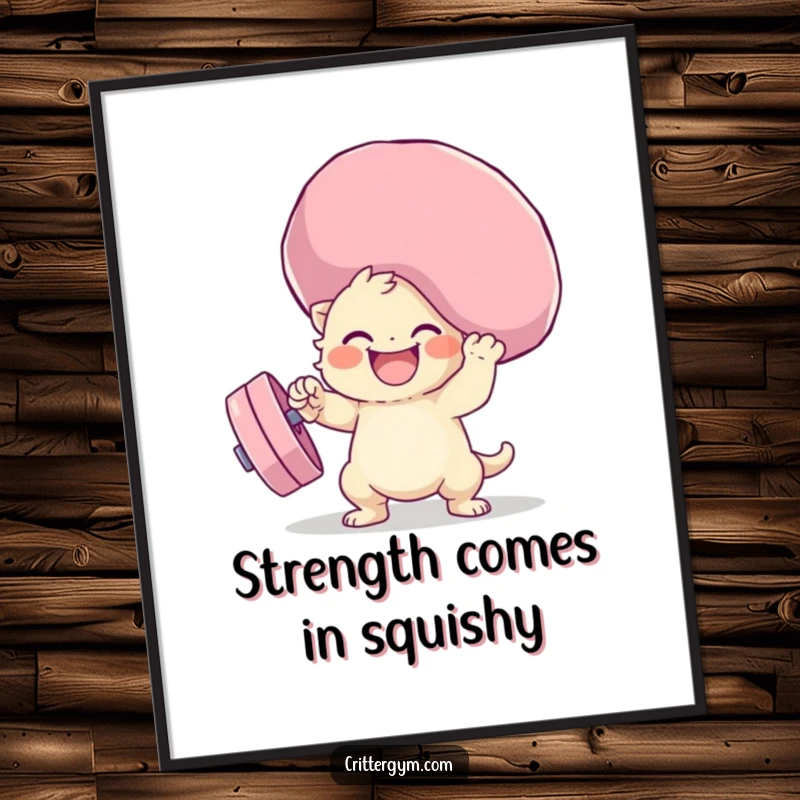 Funny squishy weight lifting poster featuring a small creature joyfully lifting a massive, squishy barbell, radiating strength and silliness.