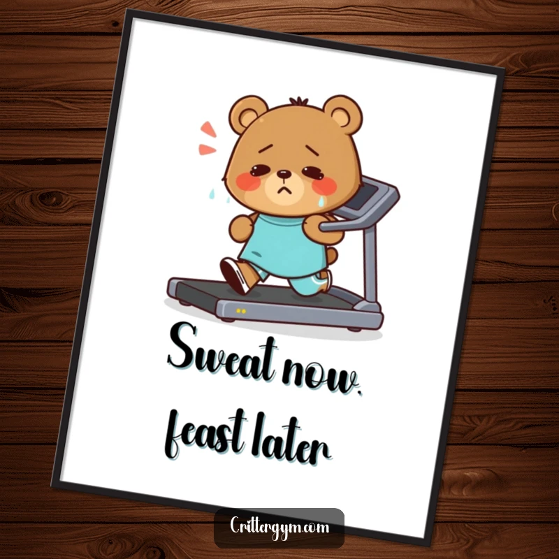 Funny poster art of a small bear character running intensely on a treadmill, sweating but smiling determinedly, perfect for gym or home office motivation.