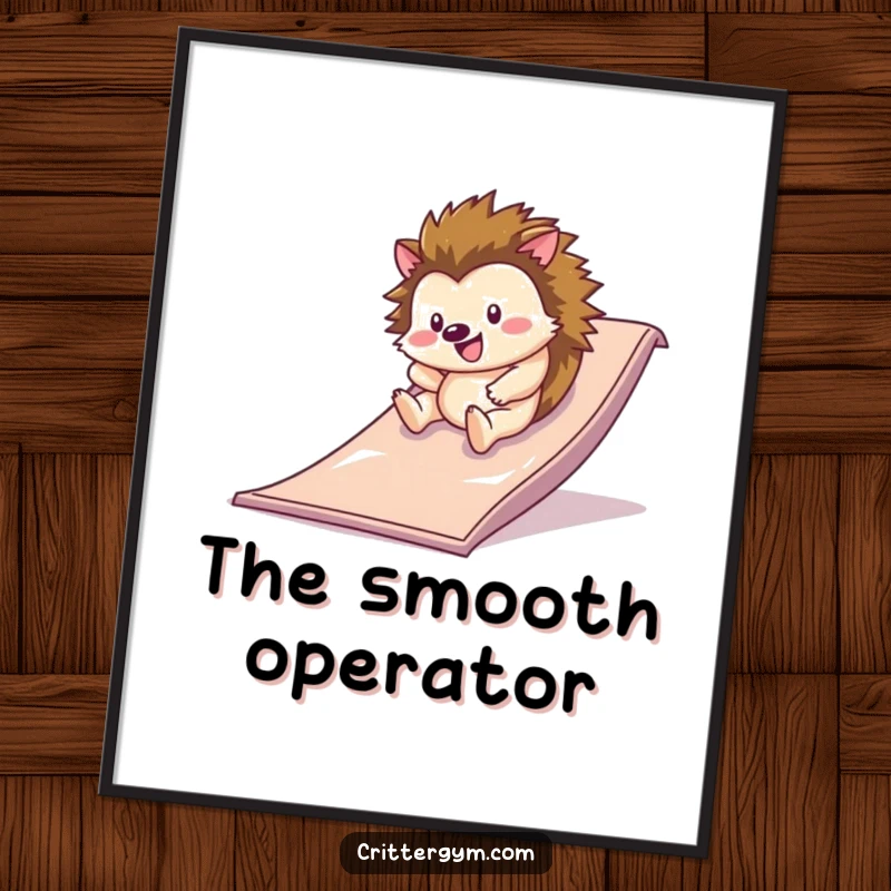 Funny happy hedgehog rolling down a slippery slide on a gym mat on wall art, a funny gift.