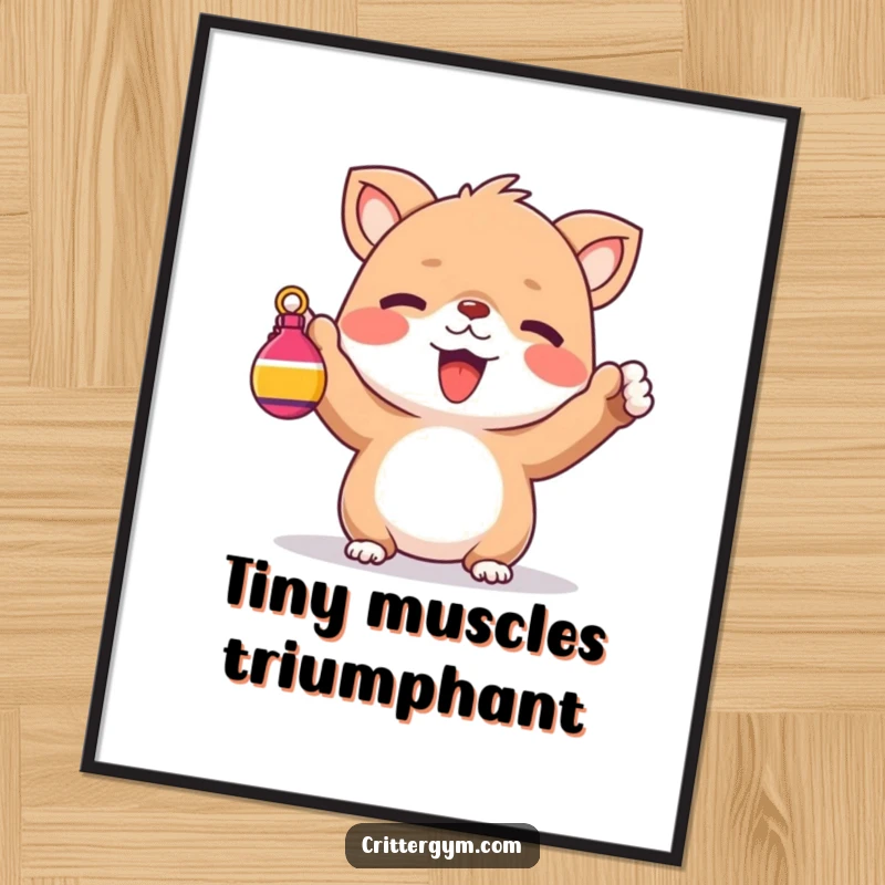 Funny Poster: A cute creature cheering heartily while lifting a small, brightly colored weight.