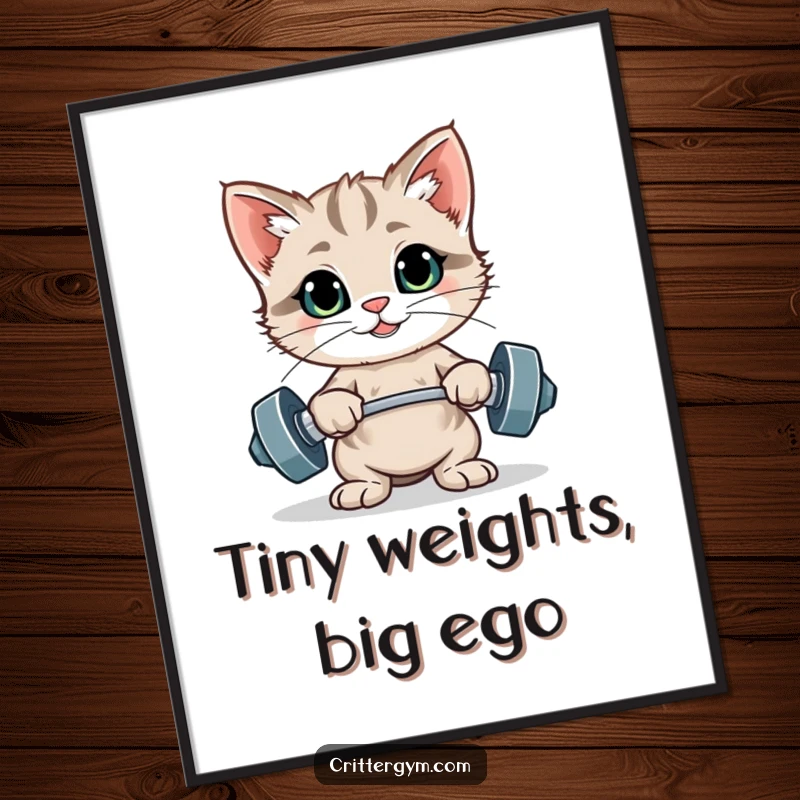 Funny proud kitten flexing after a weightlifting rep on wall art, a humorous funny gift.
