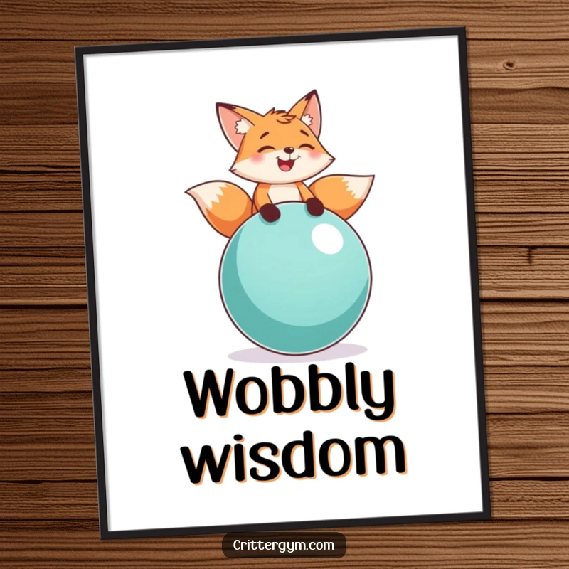Funny fox balance poster depicting a playful fox character laughing while balancing on a large exercise ball, adding energetic decor.