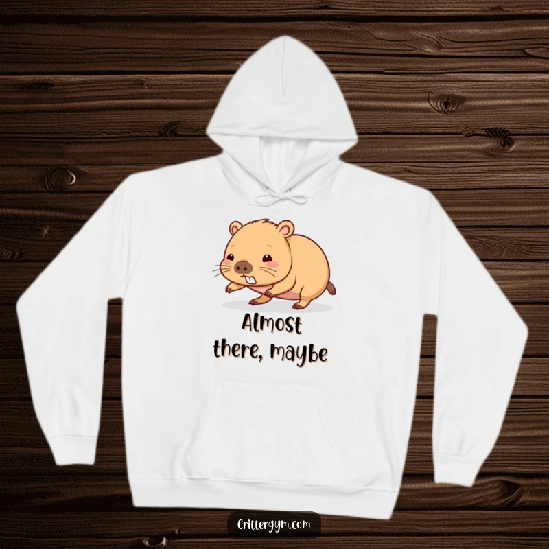 Funny kawaii capybara character struggling with a push-up on a soft, warm hoodie, an amusing funny gift.