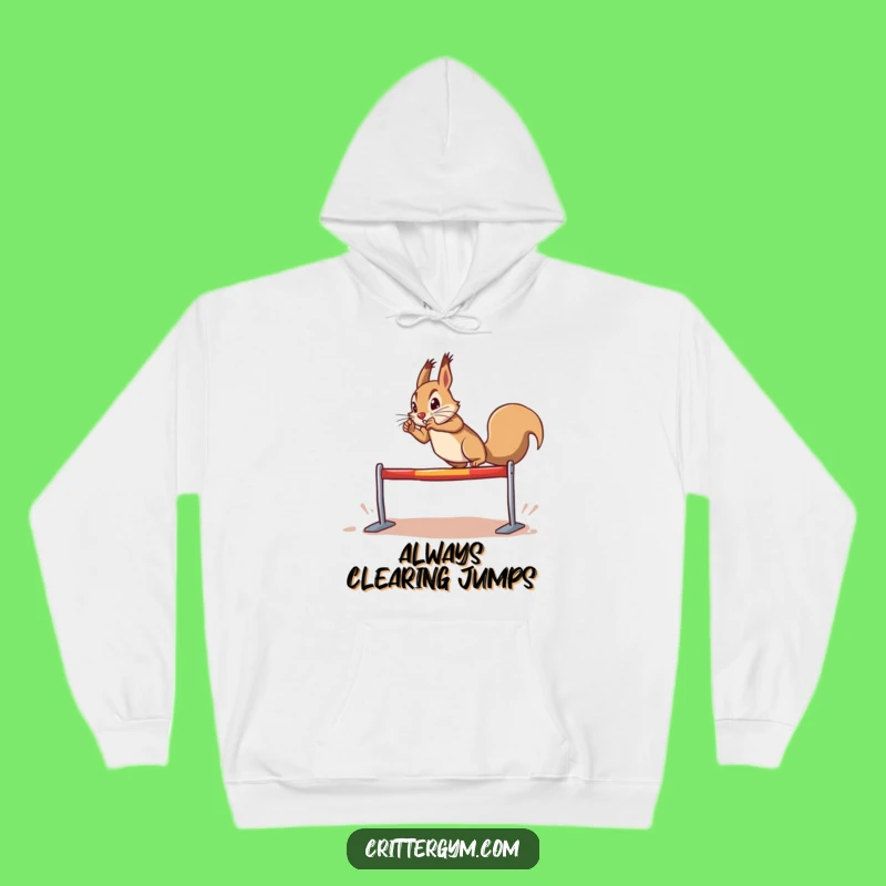 Cozy Funny Determined Squirrel Hurdle Leap Hoodie: Warmth and Drive, Perfect Funny Gift