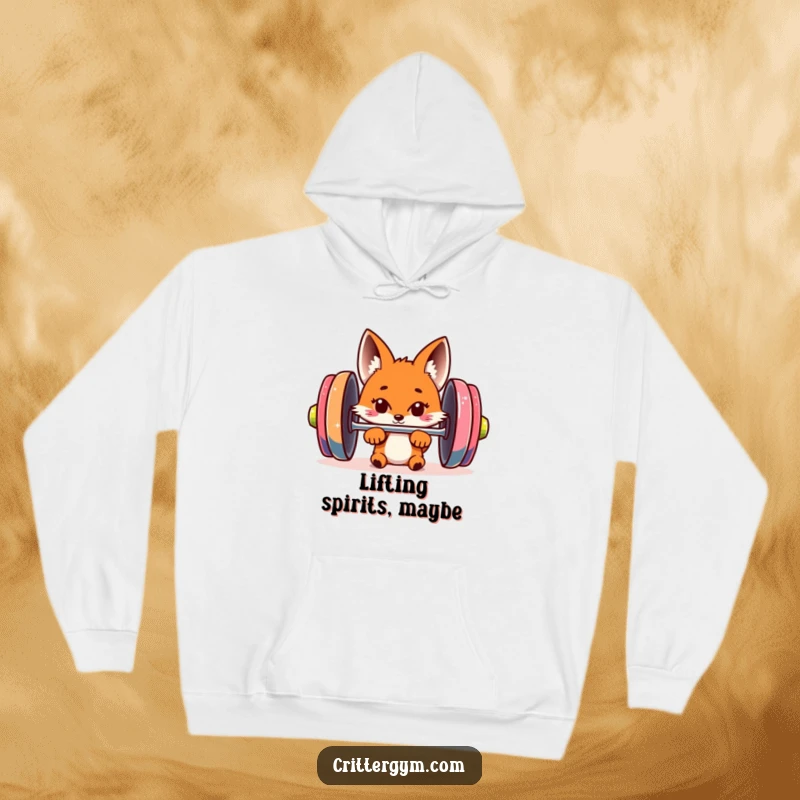 Funny fox hoodie featuring a curious fox peeking from behind a giant barbell, offering cozy warmth and humorous gym-related fun.