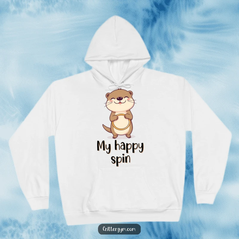 Funny grinning otter hoodie, joyfully spinning a tiny hula hoop, soft and comfortable, promoting fun and joy, funny gift.
