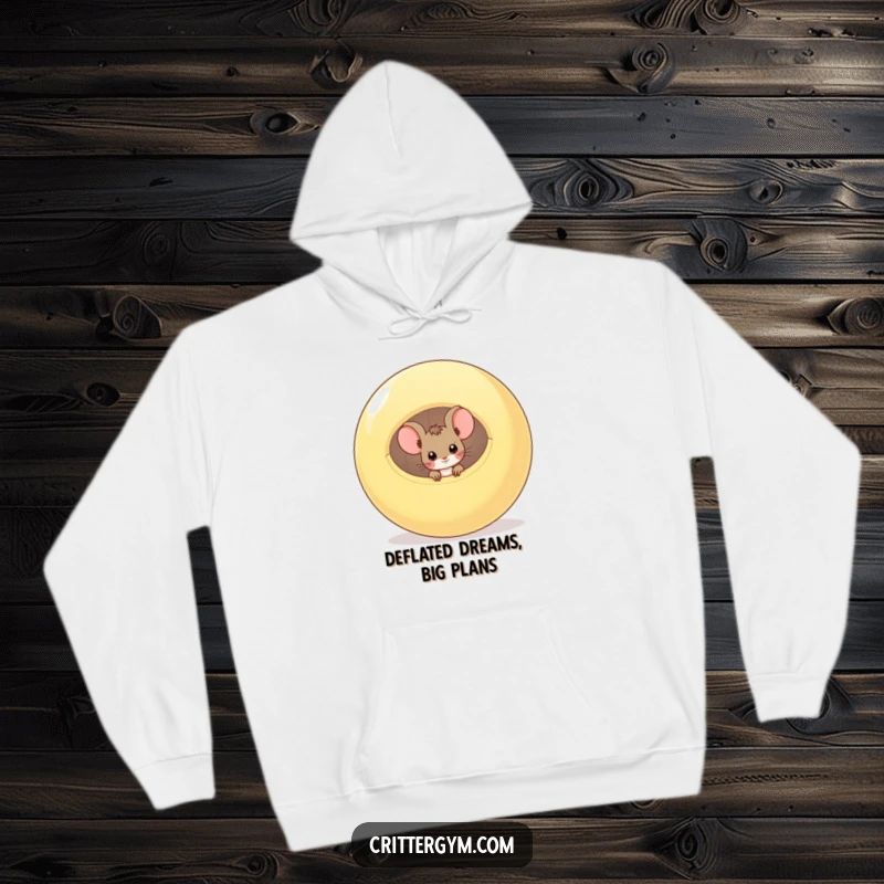 Funny hoodie with a curious mouse peeking from a deflated exercise ball, offering warmth and a humorous take on fitness.