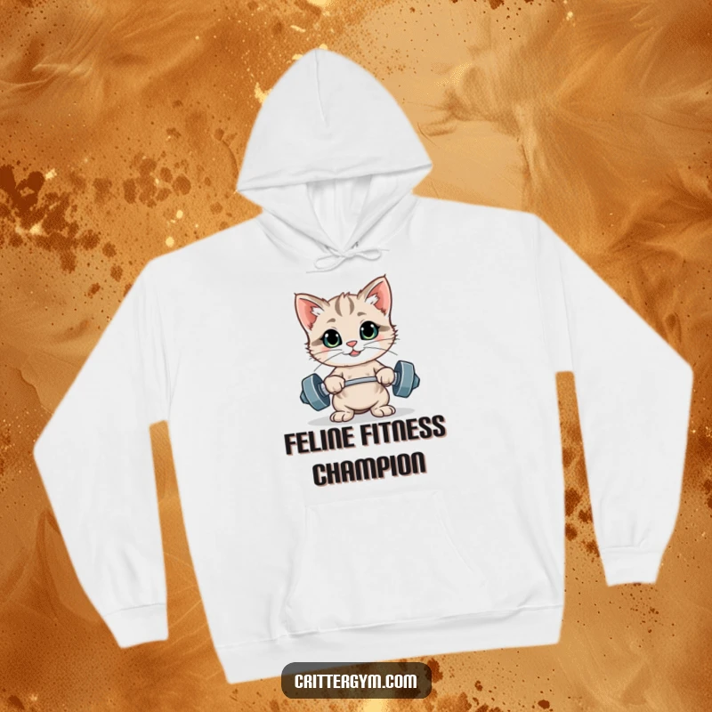 Funny proud kitten flexing after a weightlifting rep on a cozy hoodie, perfect for a funny gift.