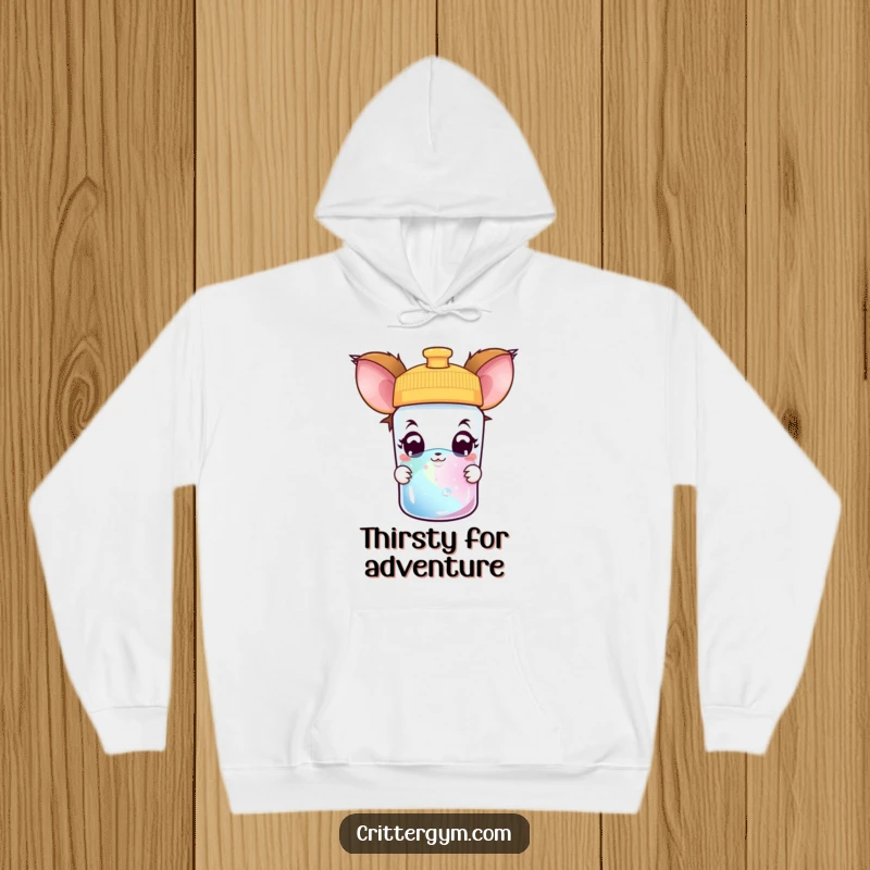 Funny creature hoodie featuring a curious creature with wide, amazed eyes peering into a colorful water bottle, exuding wonder.