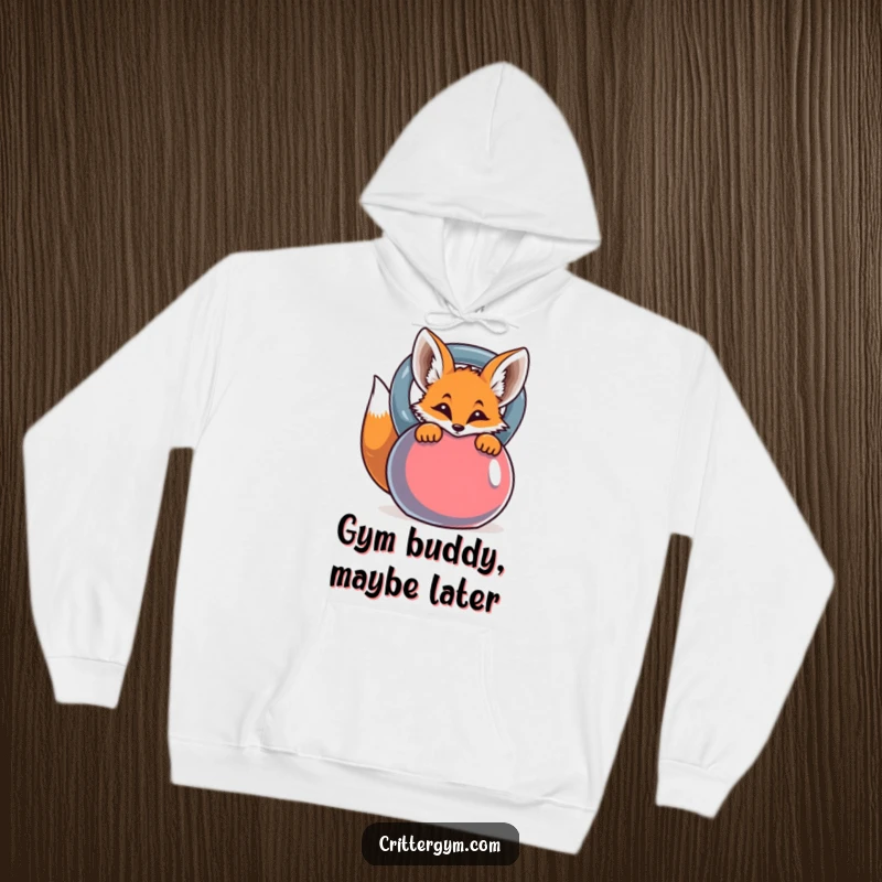 Warm and cozy hoodie with a funny curious fox peeking from behind a bright kettlebell.