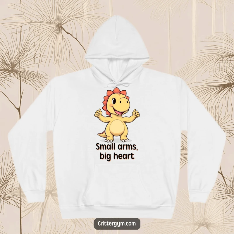 Funny hoodie depicting a joyful dinosaur character triumphantly flexing its comically tiny biceps with a wide, proud grin, radiating pure amusement.
