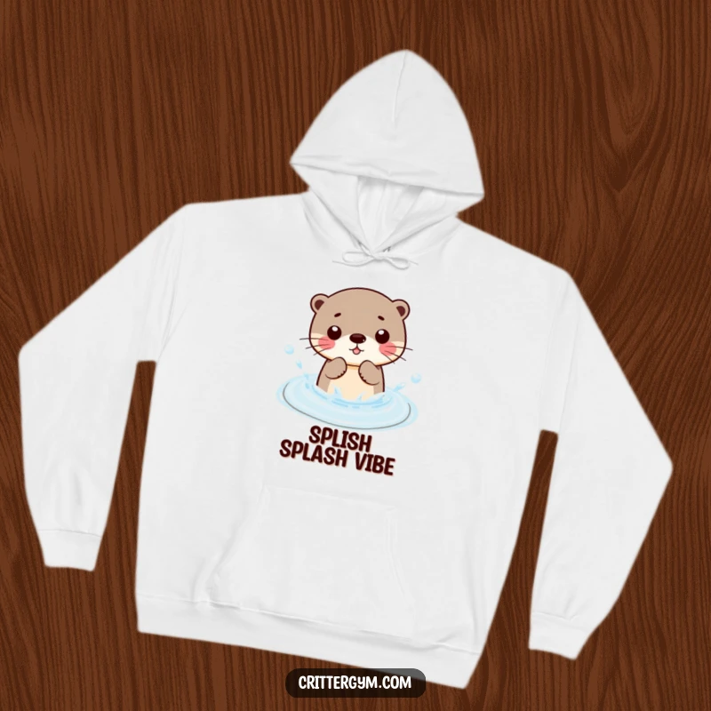 Funny Kawaii otter character splashing playfully in a small pool, a cozy and humorous hoodie design.