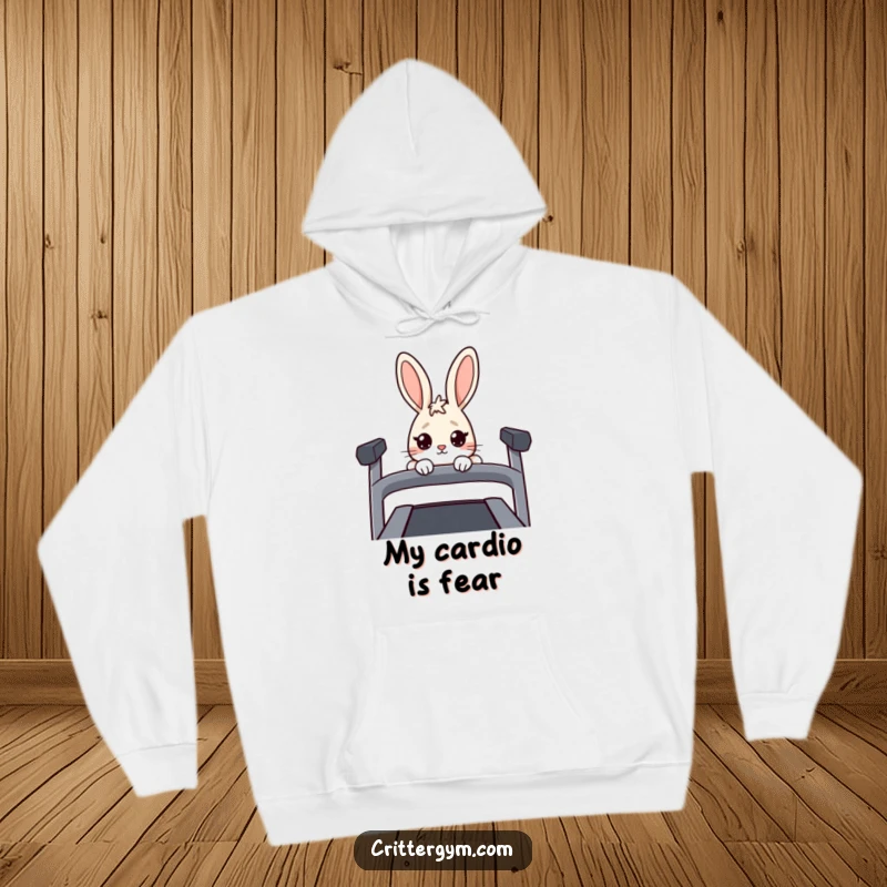 Funny Nervous Rabbit Hoodie: A nervous rabbit peeks over a treadmill, depicted on this cozy, humorous apparel.
