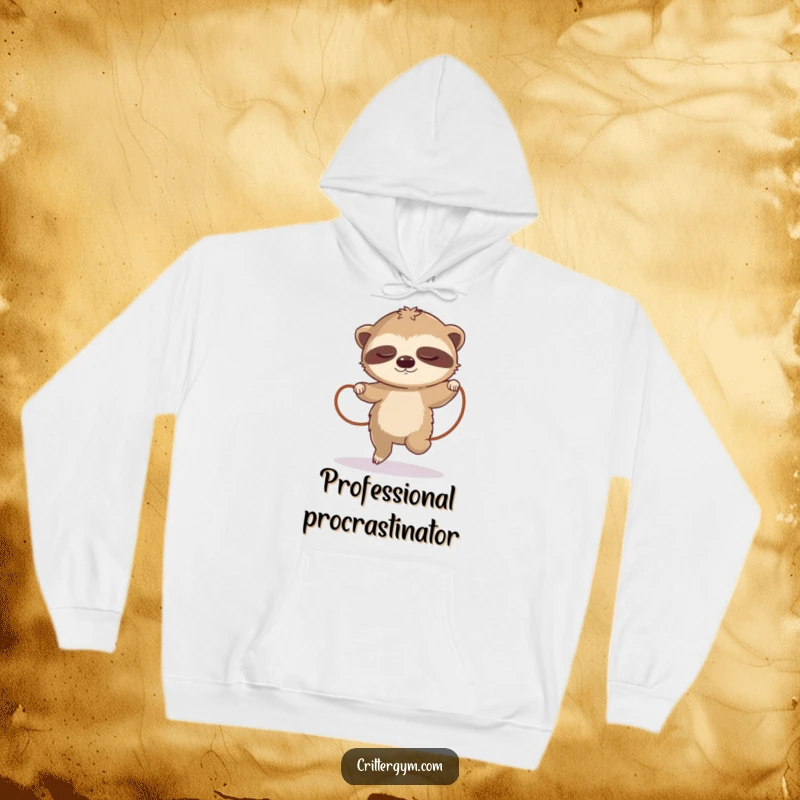 Funny sloth hoodie, depicting a sleepy sloth in a slow-motion jump rope session, a cozy and humorous design.