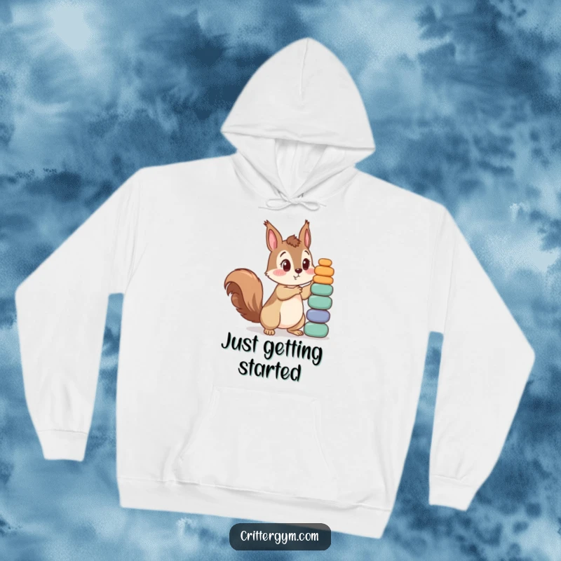 Funny hoodie with a curious squirrel character looking shocked as it attempts to lift a giant stack of tiny weights. Ideal for gym enthusiasts.