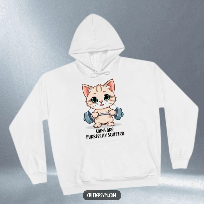 Funny hoodie featuring a proud kitten posing with tiny weights, a symbol of strength and humor for any fitness lover.