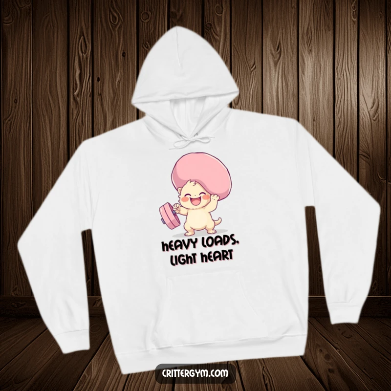 Funny squishy weight lifting hoodie featuring a joyful creature triumphantly lifting a very large, soft weight, full of playful energy.