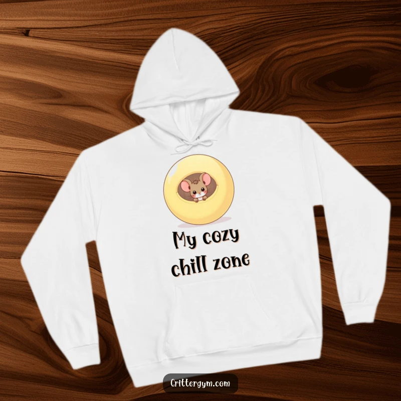 Funny curious mouse peeking from inside a large deflated exercise ball on a cozy hoodie, a funny gift.