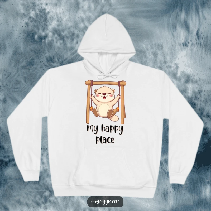 Funny hoodie with a playful otter character swinging gleefully on a miniature monkey bar, offering warmth and humor.