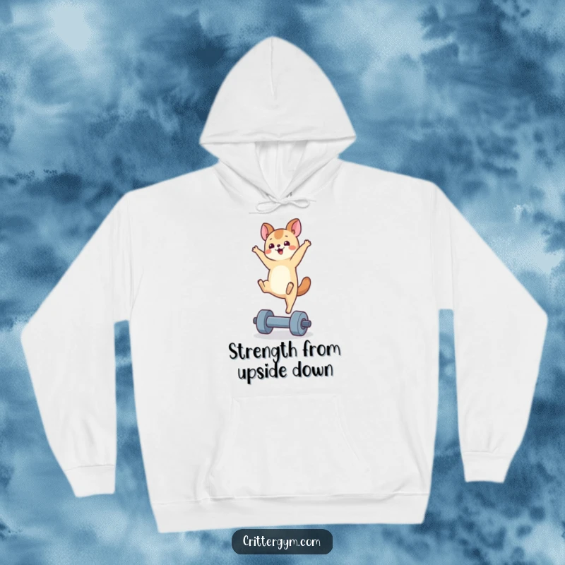 Funny handstand animal hoodie showcasing a small creature doing a handstand on a tiny dumbbell, radiating positive vibes.