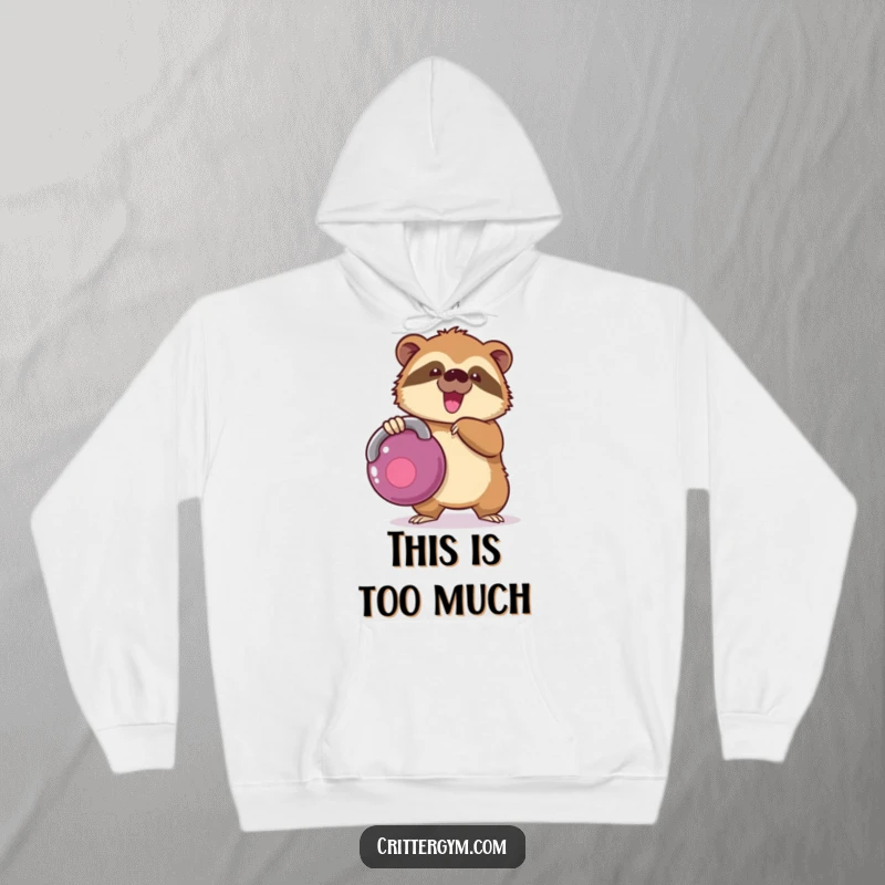 Funny kawaii sloth character struggling with a giant kettlebell on a soft, warm hoodie, an amusing funny gift.