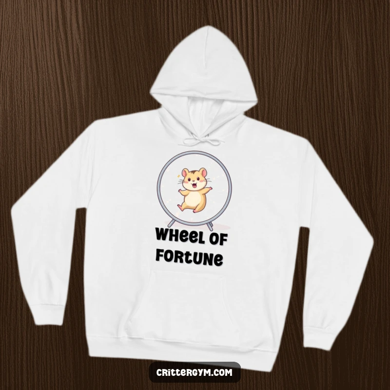 Funny Hoodie: An animal character in a vibrant blur, running fast on a hamster wheel.