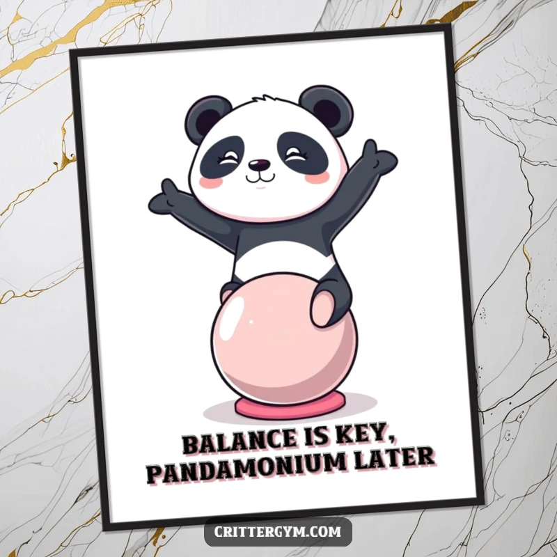 Funny Free Printable Wall Art: A determined Kawaii panda character balancing with intense focus on a yoga ball, downloadable art.