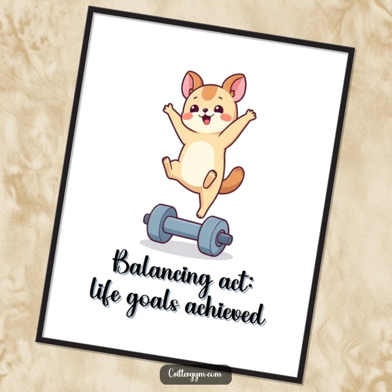 Funny Free Printable Wall Art: Whimsical animal character doing a perfect handstand on a miniature dumbbell, radiating joy.