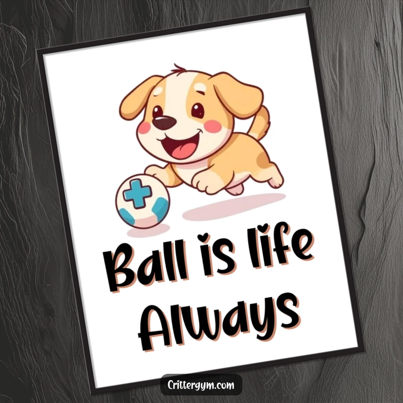 Funny Free Printable Wall Art: A happy dog with tongue out joyfully chasing a bouncing medicine ball with full speed and enthusiasm.