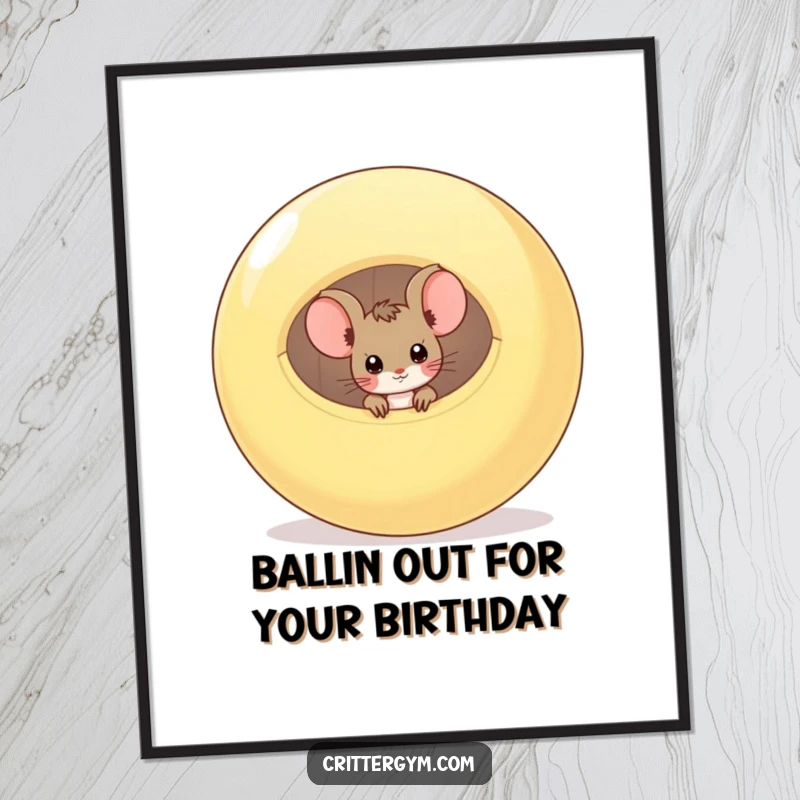 Funny Free Printable Wall Art: A curious mouse peeking its head out from a large, deflated exercise ball, looking playful and mischievous.