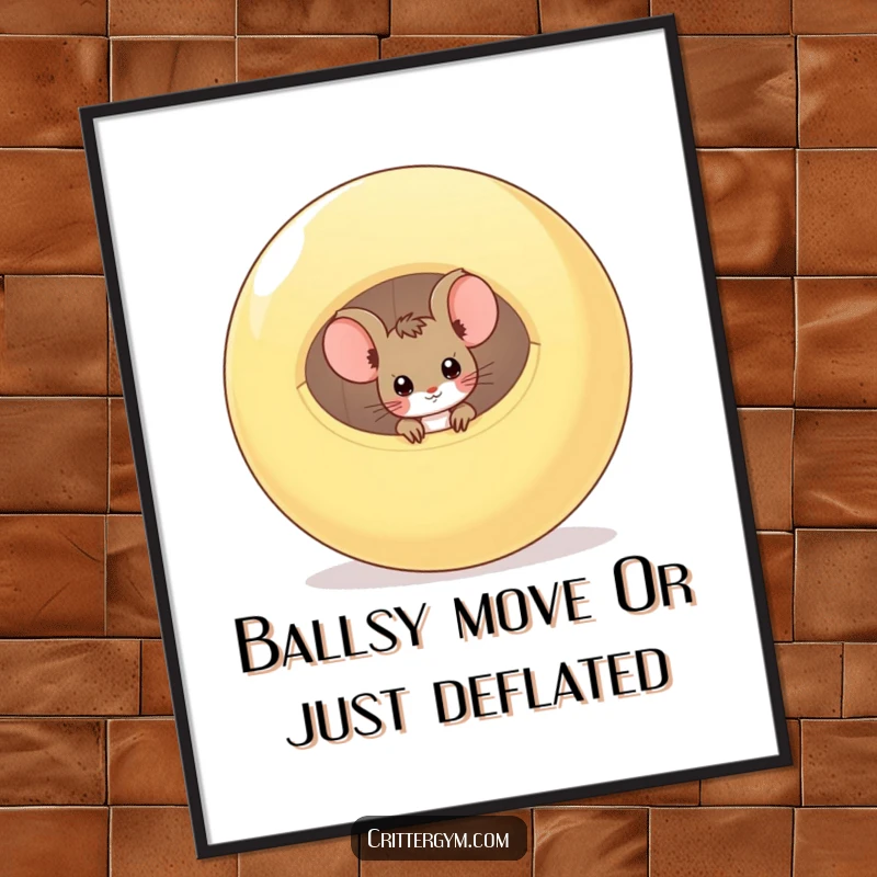 Funny Free Printable Wall Art: A curious mouse peeks from inside a large, deflated exercise ball with an inquisitive expression.