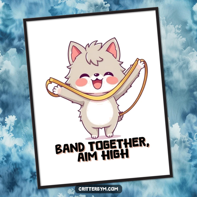 Funny Free Printable Wall Art: A furry character gleefully stretches with a wide resistance band, showing fitness effort.