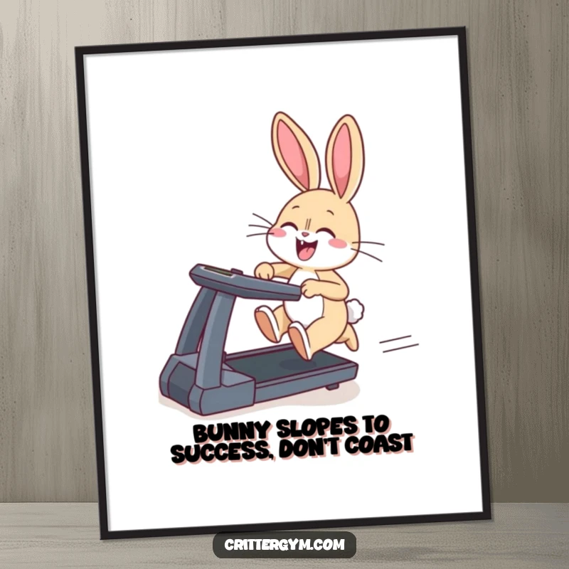 Funny free printable wall art of a giggling bunny sprinting on a treadmill, ears flapping, exuding energetic and quirky vibes.