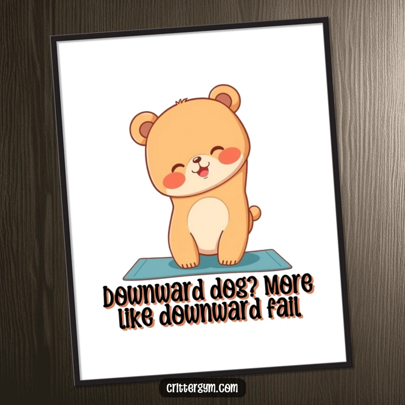 Funny Free Printable Wall Art: A giggling bear cub hilariously attempts a yoga handstand, looking utterly delighted with the effort.