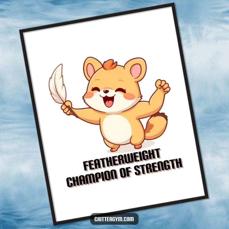 Funny Free Printable Wall Art: A small animal character joyfully flexing a surprisingly muscular tiny arm after successfully lifting a feather.