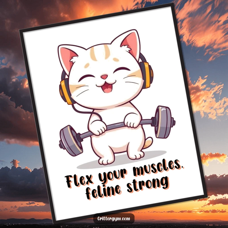 Funny Free Printable Cat Wall Art: Giggling cat character wearing tiny headphones, happily lifting a very small barbell.