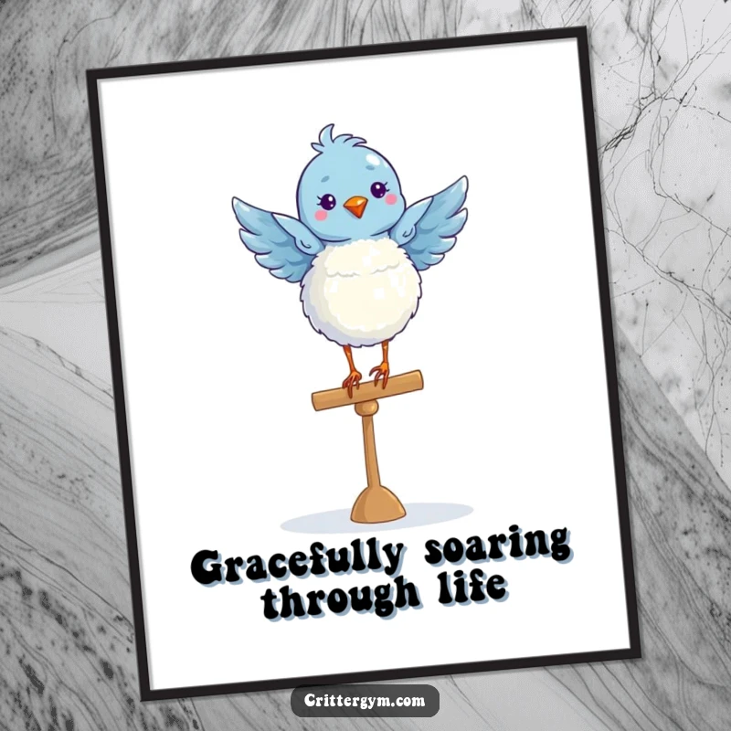 Funny Free Printable Wall Art: Blue bird performing a ballet pose on a balance beam, artful and funny.
