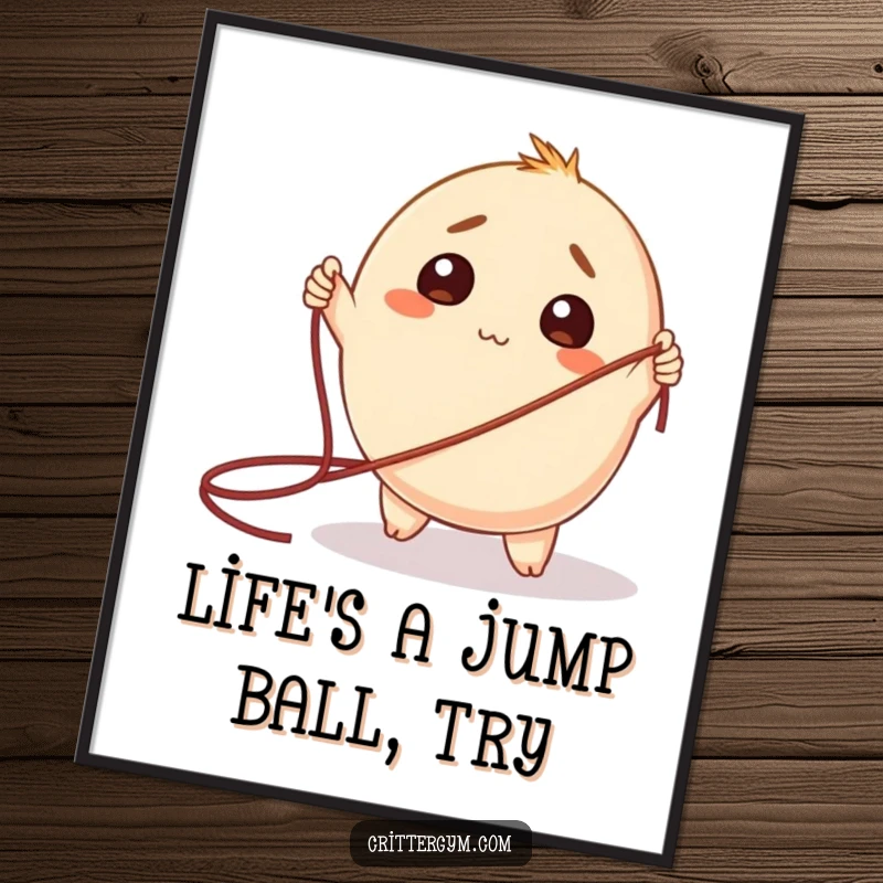 Funny Free Printable Wall Art: A round creature looks pleasantly bewildered attempting to use an oversized jump rope.