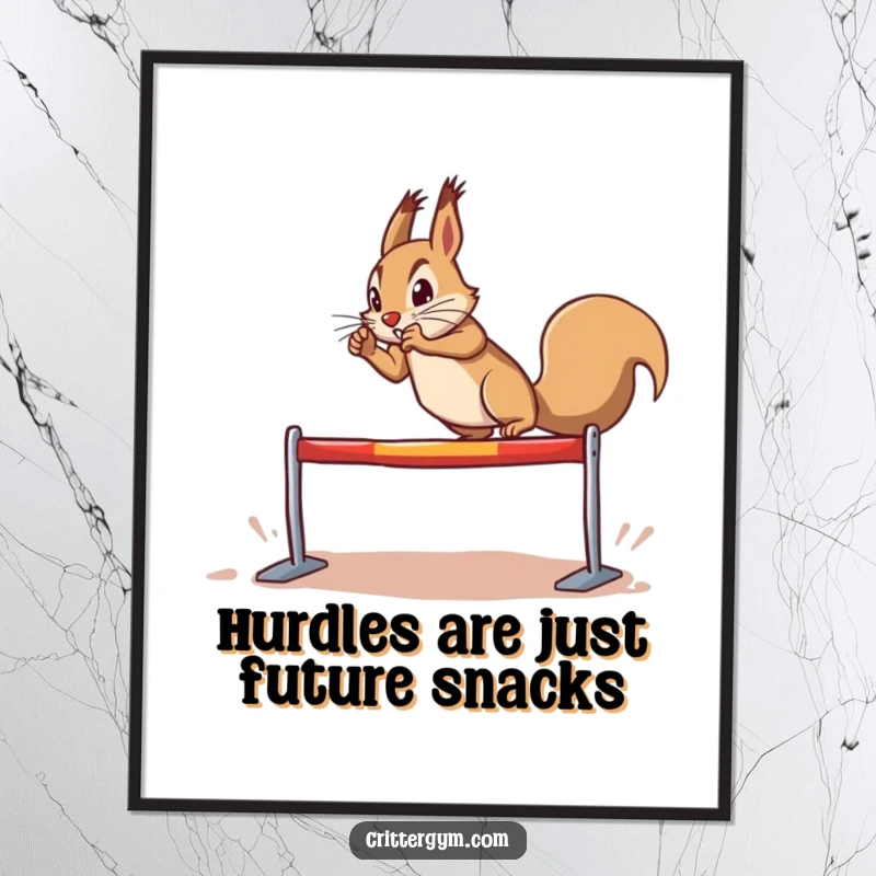 Funny Free Printable Wall Art: Determined squirrel makes a dramatic leap over a tiny hurdle, showcasing ambition.