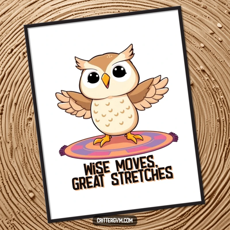 Funny Free Printable Wall Art: Owl attempting the splits on a vibrant mat, humorous and flexible cartoon decor.
